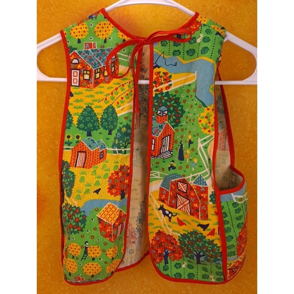 Vintage Kids Craft Vest Smock Clothes Protector Multi Pockets Farm Scenery